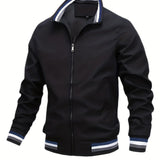 kkboxly  Plus Size Men's Trendy Casual Zipper Stand Collar Pocket Jacket, Solid Color Long Sleeve Stripe Pattern On The Bottom Coat Loose Oversized