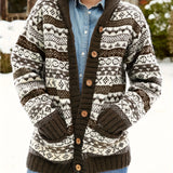 kkboxly  Tribal Pattern Button Down Knit Cardigan, Casual Long Sleeve Thick Sweater With Pocket, Women's Clothing