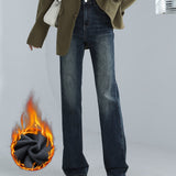 kkboxly Fleece Liner Casual Straight Jeans, High Waist Stretchy Loose Fit Denim Pants, Women's Denim Jeans & Clothing