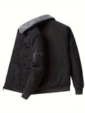 kkboxly Men's Trendy Corduroy Jacket, Casual Lapel Zip Up Warm Fleece Coat For Outdoor Fall Winter