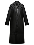 kkboxly  Men's Chic Pu Overcoat, Casual Lapel Stretch Button Up Faux Leather Long Coat For Spring Fall