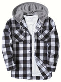 kkboxly  Classic Design Plaid Shirt Coat For Men Long Sleeve Casual Regular Fit Button Up Hooded Shirts Jacket