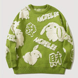 kkboxly  YWFG All Match Knitted Cute Rabbit & Wealth Chenille Embroidery Sweater, Men's Casual Warm Slightly Stretch Crew Neck Pullover Sweater For Men Fall Winter