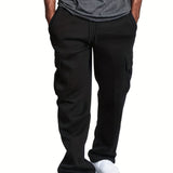 kkboxly  Plus Fleece Warm Men's Solid Loose Drawstring Cargo Pants With Multi-pocket For Winter Outdoor, All-match Pants