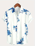 kkboxly  Blue Flowers Print, Men’s Button Up Short Sleeve Shirt Regular Fit For Beach Summer