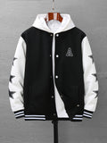 Letter V & Star Pattern Print Varsity Jacket, Men's Casual Baseball Jacket Coat Snap Button Regular Fit College Hipster Windbreaker For Spring Autumn