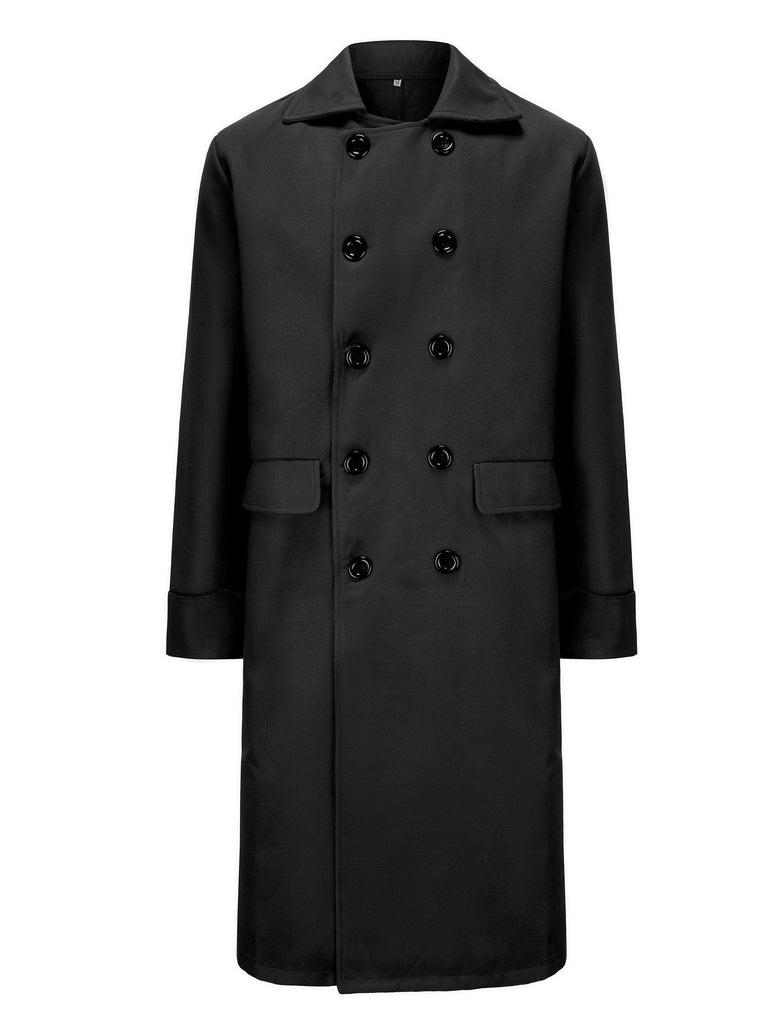 kkboxly  Men's Trendy Retro Double Breasted Long Sleeve Coat Windbreaker Lapel Long Overcoat For Autumn Winter