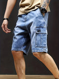 kkboxly  Flap Pockets Cargo Denim Shorts, Men's Casual Multi Pocket Mid Stretch Waist Drawstring Cargo Denim Shorts For Summer Outdoor