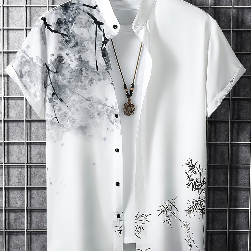 kkboxly  Flower & Bamboo Print Men's Casual Short Sleeve Shirt, Men's Shirt For Summer Vacation Resort
