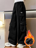 kkboxly  Girls' Thermal Warm Winter Wide-leg Cargo Pants, Casual Street Wear Straight Trousers With Multi-pockets