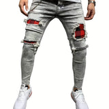 Slim Fit Ripped Cotton Jeans, Men's Casual Street Style Paint Splatter Chain Decor Distressed Mid Stretch Denim Pants For Spring Summer