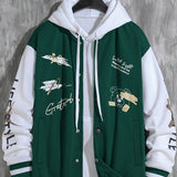 kkboxly Letter Print Varsity Jacket, Men's Casual Baseball Jacket Coat Regular Fit College Hipster Windbreaker For Spring Autumn