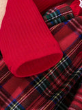 Long Sleeve Sweet & Stylish Ruffle Spliced Bow Decor Plaid Pattern Dress for Fall & Winter, as Christmas Gifts
