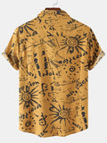 kkboxly  Men's Casual Flax Tie Doodle Style Short Sleeve Shirt, Male Hawaiian Shirt For Summer Beach Vacation