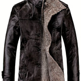 Men's Warm Fleece PU Jacket For Fall Winter, Casual Button Up Stand Collar Faux Leather Jacket
