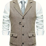 kkboxly  Men's Retro Herringbone Pattern Vest, Chic Lapel Single Breasted Dress Waistcoat For Business Banquet