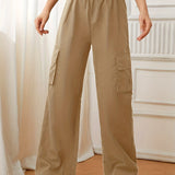 kkboxly  Flap Pockets Straight Leg Cargo Pants, Casual High Waist Pants, Women's Clothing