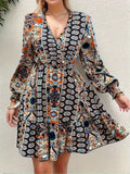 Ethnic Print Ruffle Hem Dress, Elegant V Neck Long Sleeve Dress, Women's Clothing