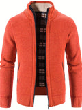 kkboxly  Warm Stand Collar Fleece Jacket, Men's Casual Comfortable Solid Color Zip Up Knitted Cardigan For Spring Fall