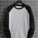 kkboxly  Men's Casual Trendy Crewneck Long Sleeve Color Block Pullover, Loose Oversized Sweatshirt Plus Size