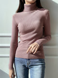 kkboxly  Women's Sweater Turtleneck Solid Ribbed Long Sleeve Slim Pullover Knit Tops