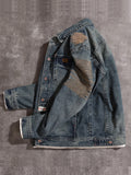 kkboxly Men's Stylish Stripe Pattern Cotton Blend Denim Jacket With Chest Pockets, Casual Breathable Lapel Button Up Long Sleeve Outwear For Spring Fall