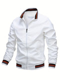 kkboxly  Plus Size Men's Trendy Casual Zipper Stand Collar Pocket Jacket, Solid Color Long Sleeve Stripe Pattern On The Bottom Coat Loose Oversized