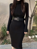 kkboxly  Rib Knit Sweater Dress, Casual High Neck Long Sleeve Bodycon Dress, Women's Clothing