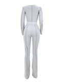 kkboxly Solid Rib Two-piece Set, Flared Sleeve Crew Neck Tops & High Waist Long Length Pants Outfits, Women's Clothing