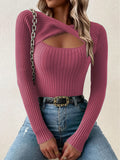 Cut Out Twist Ribbed Knit Sweater, Casual Long Sleeve Slim Fall Winter Knit Sweater, Women's Clothing