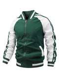 kkboxly  Men's Color Block Graphic Sports Jacket, Casual Striped Zip Up Varsity Jacket For Outdoor Fall Winter