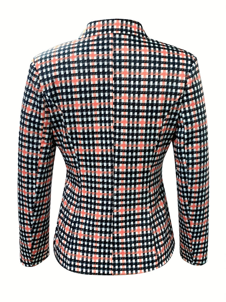kkboxly  Plaid Print Double Breasted Blazer, Casual Long Sleeve Lapel Outerwear, Women's Clothing