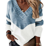 Color Block Simple Knit Sweater, Casual V Neck Long Sleeve Sweater, Women's Clothing