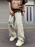 Men's Vintage Style Stars Pattern Loose Denim Pants With Pockets, Casual Breathable Cotton Blend Straight Leg Jeans For Spring Fall