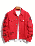 kkboxly  Letter Print Denim Jacket, Men's Casual Chic Lapel Chest Pocket Jacket