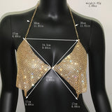 kkboxly  Sexy Sequins Crop Tops Bikini Rhinestones Halter Metal Chest Chain Backless Rave Club Wear Body Accessories Jewelry