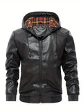 kkboxly  Men's Pu Leather Trendy Hooded Jacket, Windproof Warm Thermal Jacket For Autumn Winter