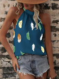 kkboxly   Feather Print Halter Neck Blouse, Elegant Sleeveless Blouse For Summer, Women's Clothing