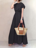 kkboxly  Round Neck Big Swing Dress, Casual Solid Color Belt Waist Summer Solid Trapeze Dresses, Women's Clothing