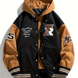kkboxly Men's Casual Fake Two-piece Jacket, Chic Letter Embroidery Hooded Varsity Jacket