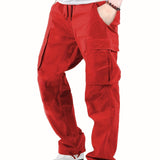 kkboxly  Men's Drawstring Multi-Pocket Heavyweight 100% Cotton Cargo Pants, Casual Pants, Straight Leg Pants, Men's Everyday, Outdoor Bottoms, Tactical Trousers