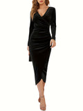 kkboxly  Long Sleeve Draped Dress, Elegant Surplice Neck Slim Dress, Women's Clothing