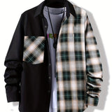 Men's Casual Cotton Stitch Plaid Button Up Shirt With Chest Pocket, Male Clothes For Spring And Fall