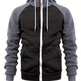 kkboxly  Men's Casual Zip Up Hoodie, Color Block Hooded Jacket For Sports
