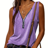 kkboxly  Casual V-neck Zipper Cami Top, Solid Fashion Sleeveless Loose Summer Fit Tank Top, Women's Clothing