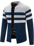 kkboxly  Warm Fleece Striped Cardigan Jacket, Men's Casual Stand Collar Jacket Coat For Winter