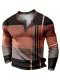 kkboxly  Vintage Color Block Men's Long Sleeve Round Neck Henley Shirt, Spring Fall Stretch Top