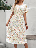 kkboxly  Ditsy Floral Print Dress, Casual Drawstring V Neck Dress, Women's Clothing