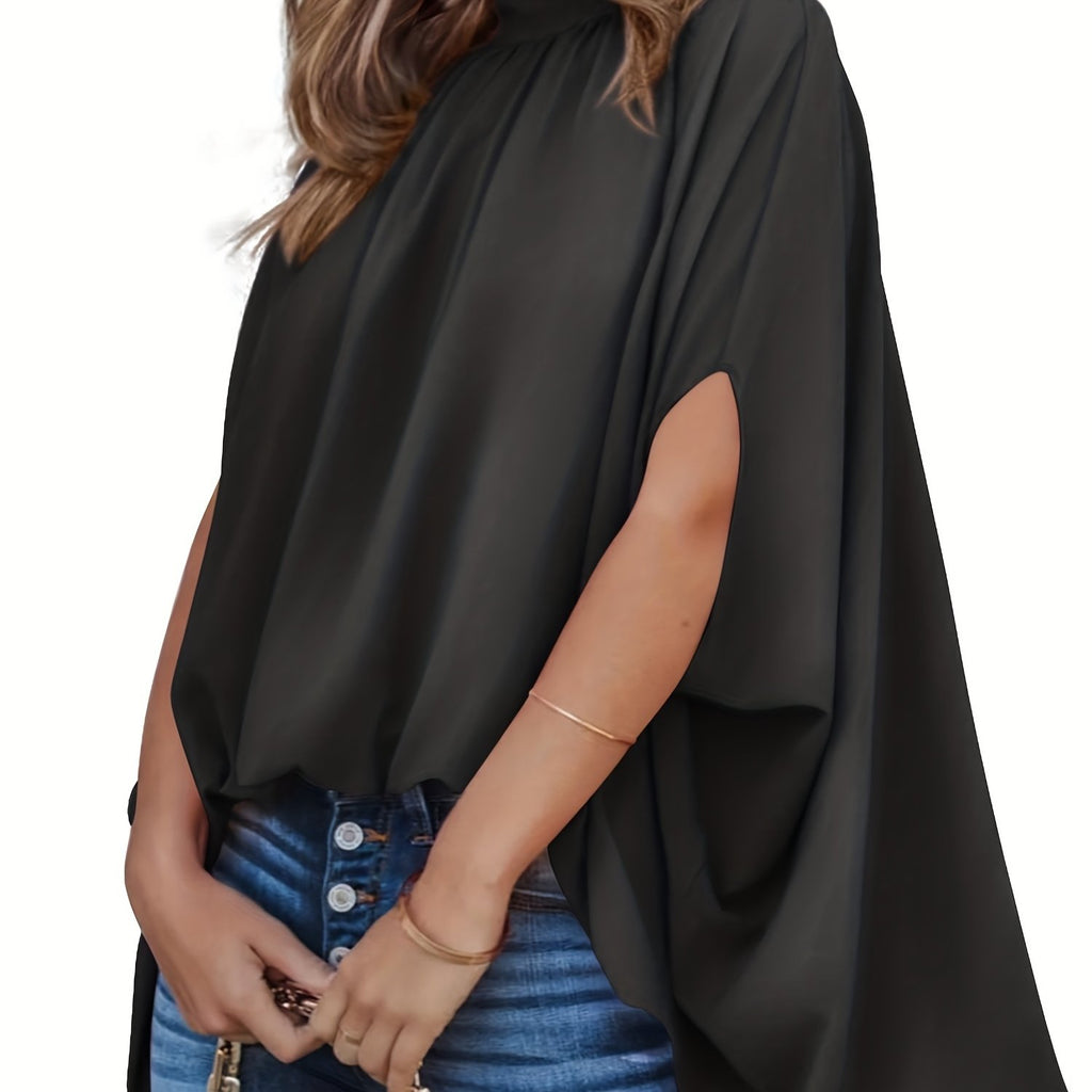 kkboxly  Solid Batwing Sleeve Blouse, Casual Ruched High Collar Loose Blouse, Women's Clothing