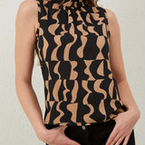 kkboxly  Random Print Back Tied Blouse, Casual Mock Neck Sleeveless Blouse For Spring & Summer, Women's Clothing